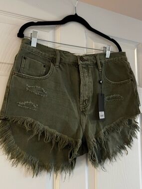 One Teaspoon Olive Green Distressed Frayed Hem Jean Shorts